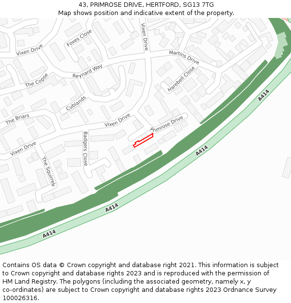 43, PRIMROSE DRIVE, HERTFORD, SG13 7TG: Location map and indicative extent of plot
