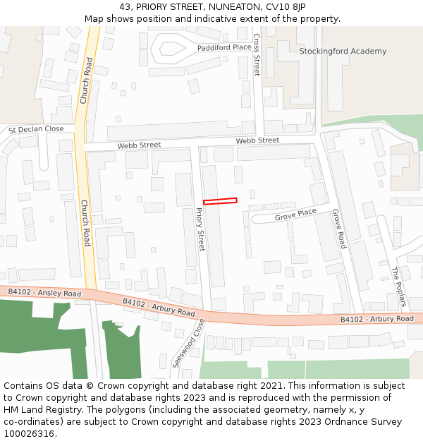 43, PRIORY STREET, NUNEATON, CV10 8JP: Location map and indicative extent of plot