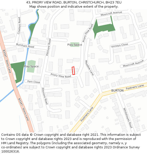 43, PRIORY VIEW ROAD, BURTON, CHRISTCHURCH, BH23 7EU: Location map and indicative extent of plot
