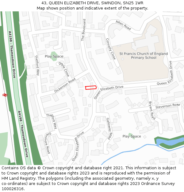 43, QUEEN ELIZABETH DRIVE, SWINDON, SN25 1WR: Location map and indicative extent of plot