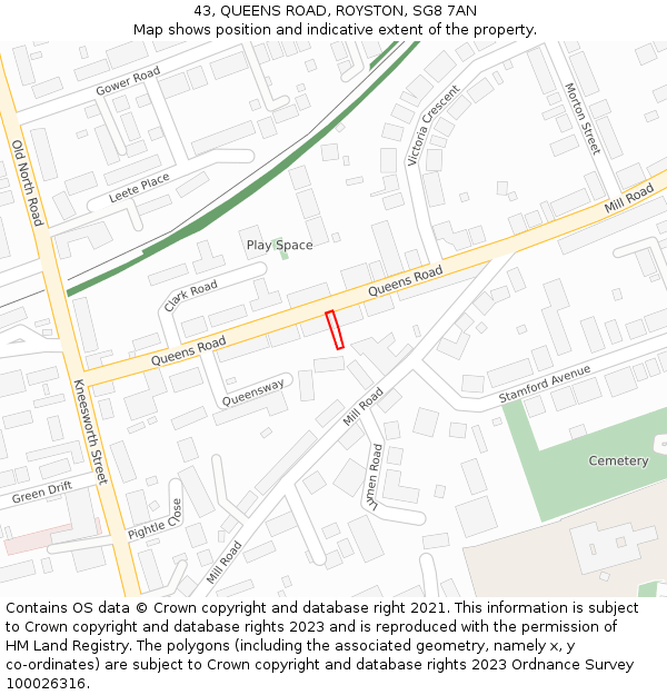43, QUEENS ROAD, ROYSTON, SG8 7AN: Location map and indicative extent of plot