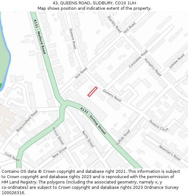 43, QUEENS ROAD, SUDBURY, CO10 1UH: Location map and indicative extent of plot