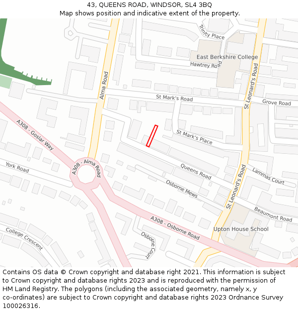 43, QUEENS ROAD, WINDSOR, SL4 3BQ: Location map and indicative extent of plot