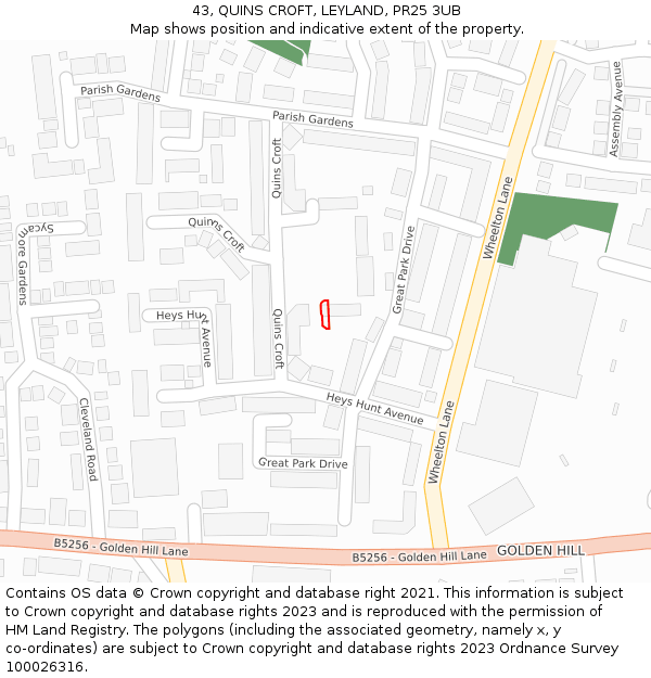 43, QUINS CROFT, LEYLAND, PR25 3UB: Location map and indicative extent of plot