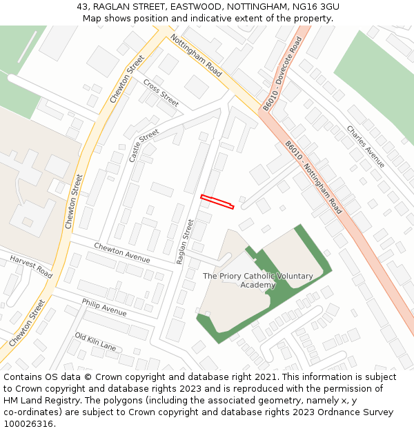 43, RAGLAN STREET, EASTWOOD, NOTTINGHAM, NG16 3GU: Location map and indicative extent of plot