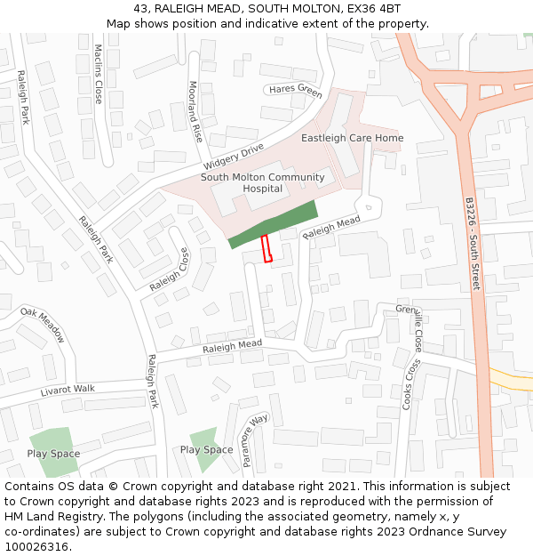 43, RALEIGH MEAD, SOUTH MOLTON, EX36 4BT: Location map and indicative extent of plot