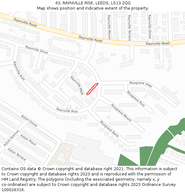 43, RAYNVILLE RISE, LEEDS, LS13 2QG: Location map and indicative extent of plot