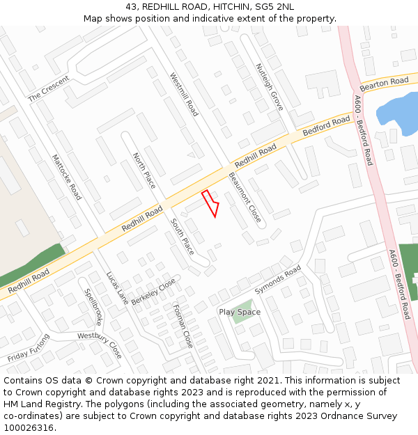 43, REDHILL ROAD, HITCHIN, SG5 2NL: Location map and indicative extent of plot