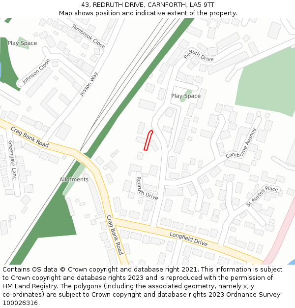 43, REDRUTH DRIVE, CARNFORTH, LA5 9TT: Location map and indicative extent of plot