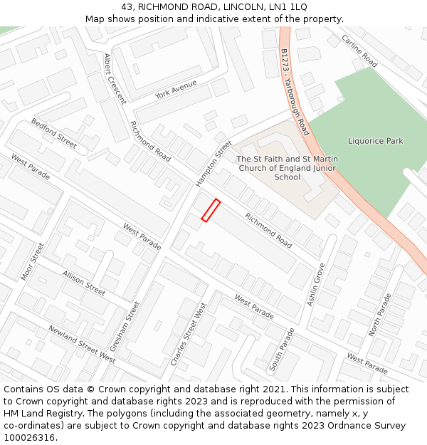 43, RICHMOND ROAD, LINCOLN, LN1 1LQ: Location map and indicative extent of plot