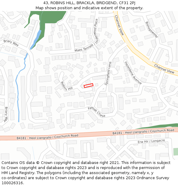 43, ROBINS HILL, BRACKLA, BRIDGEND, CF31 2PJ: Location map and indicative extent of plot