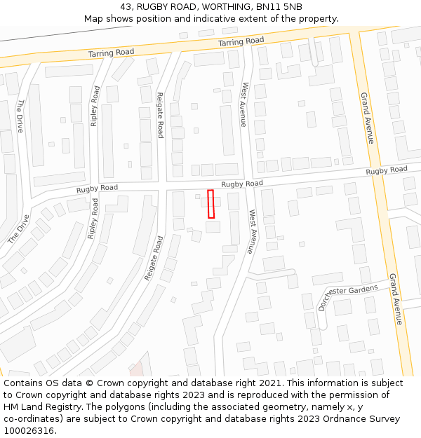 43, RUGBY ROAD, WORTHING, BN11 5NB: Location map and indicative extent of plot