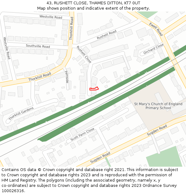 43, RUSHETT CLOSE, THAMES DITTON, KT7 0UT: Location map and indicative extent of plot
