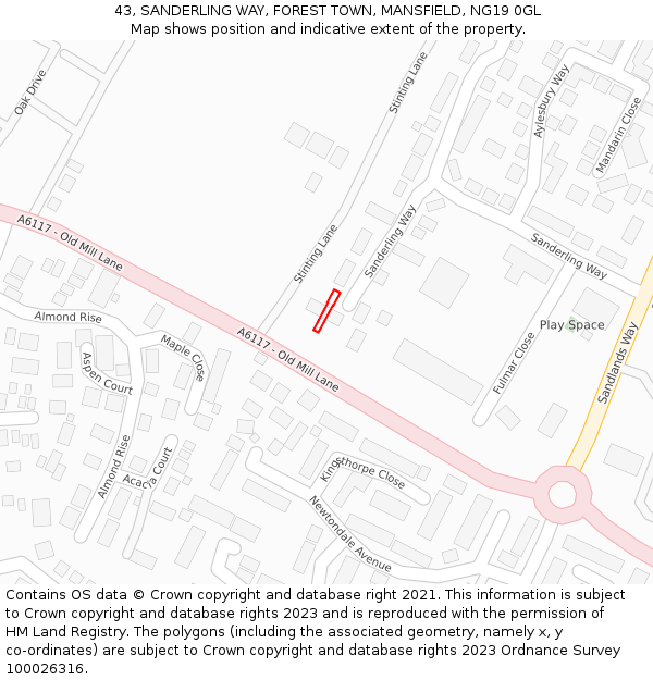 43, SANDERLING WAY, FOREST TOWN, MANSFIELD, NG19 0GL: Location map and indicative extent of plot