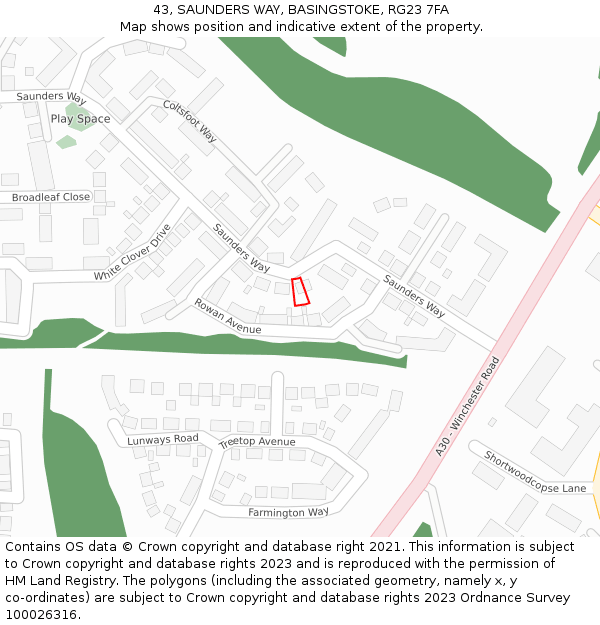43, SAUNDERS WAY, BASINGSTOKE, RG23 7FA: Location map and indicative extent of plot