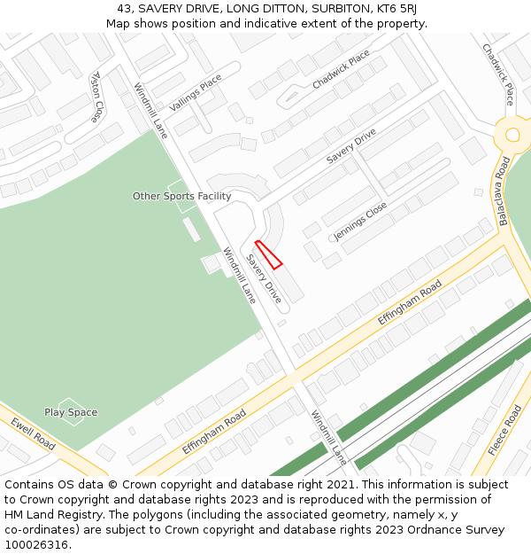 43, SAVERY DRIVE, LONG DITTON, SURBITON, KT6 5RJ: Location map and indicative extent of plot