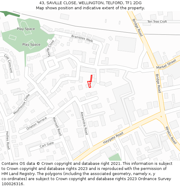 43, SAVILLE CLOSE, WELLINGTON, TELFORD, TF1 2DG: Location map and indicative extent of plot