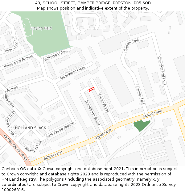 43, SCHOOL STREET, BAMBER BRIDGE, PRESTON, PR5 6QB: Location map and indicative extent of plot