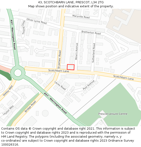 43, SCOTCHBARN LANE, PRESCOT, L34 2TG: Location map and indicative extent of plot