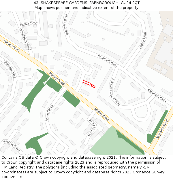 43, SHAKESPEARE GARDENS, FARNBOROUGH, GU14 9QT: Location map and indicative extent of plot