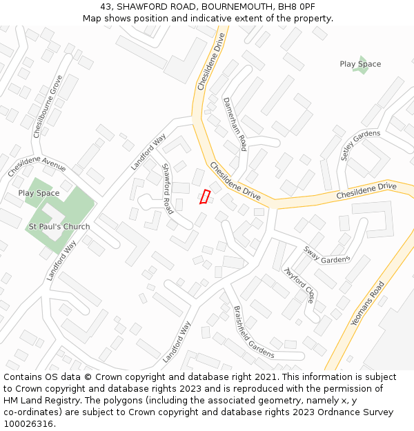 43, SHAWFORD ROAD, BOURNEMOUTH, BH8 0PF: Location map and indicative extent of plot