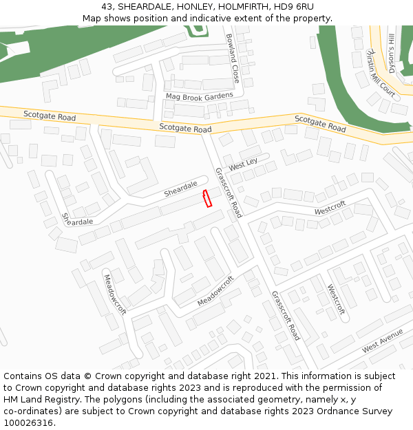 43, SHEARDALE, HONLEY, HOLMFIRTH, HD9 6RU: Location map and indicative extent of plot
