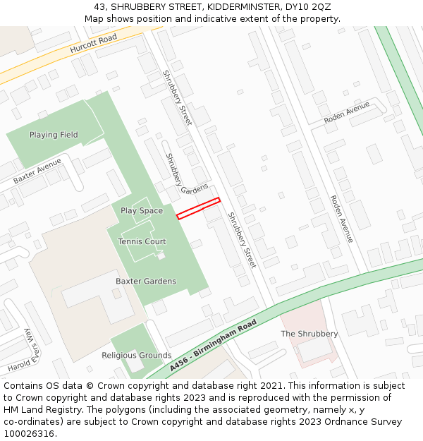 43, SHRUBBERY STREET, KIDDERMINSTER, DY10 2QZ: Location map and indicative extent of plot