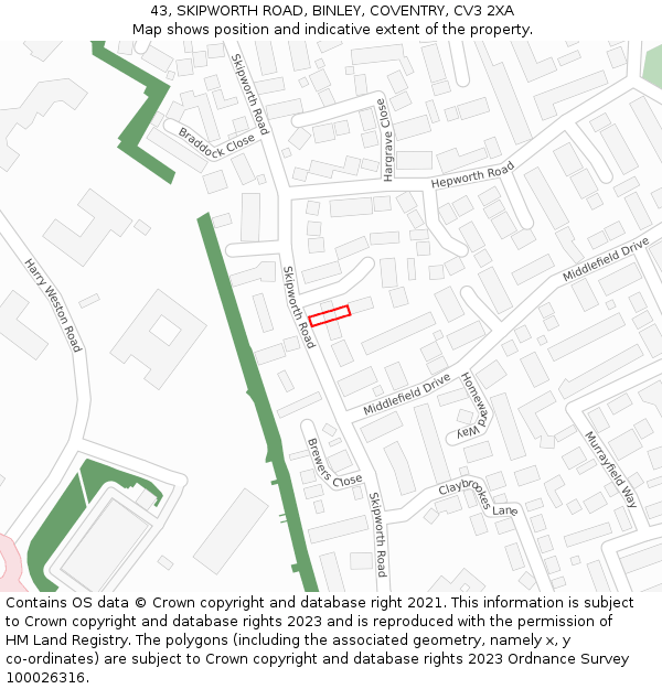 43, SKIPWORTH ROAD, BINLEY, COVENTRY, CV3 2XA: Location map and indicative extent of plot