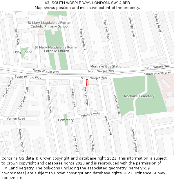 43, SOUTH WORPLE WAY, LONDON, SW14 8PB: Location map and indicative extent of plot