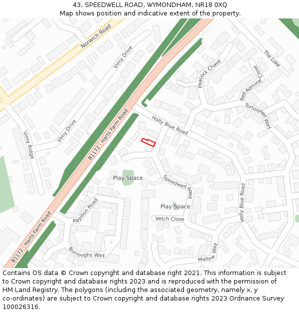 43, SPEEDWELL ROAD, WYMONDHAM, NR18 0XQ: Location map and indicative extent of plot