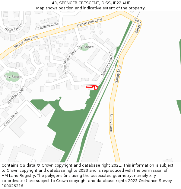 43, SPENCER CRESCENT, DISS, IP22 4UF: Location map and indicative extent of plot