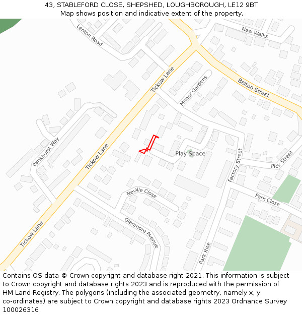 43, STABLEFORD CLOSE, SHEPSHED, LOUGHBOROUGH, LE12 9BT: Location map and indicative extent of plot