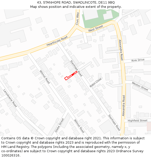 43, STANHOPE ROAD, SWADLINCOTE, DE11 9BQ: Location map and indicative extent of plot