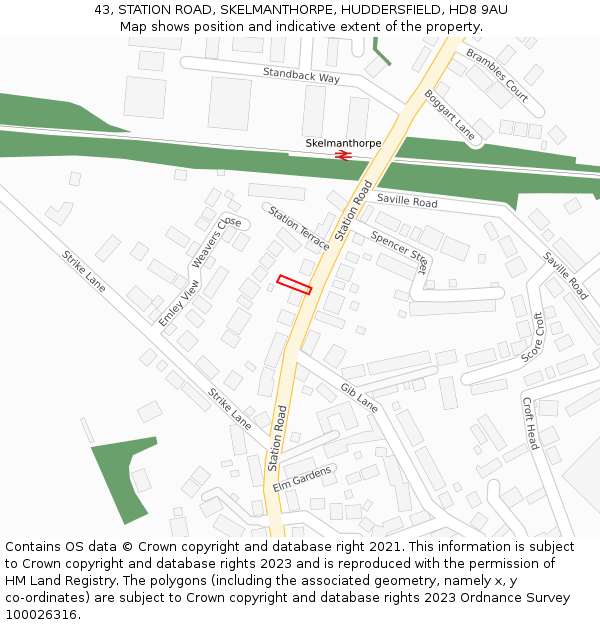 43, STATION ROAD, SKELMANTHORPE, HUDDERSFIELD, HD8 9AU: Location map and indicative extent of plot