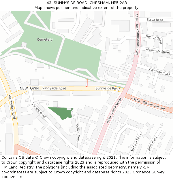 43, SUNNYSIDE ROAD, CHESHAM, HP5 2AR: Location map and indicative extent of plot