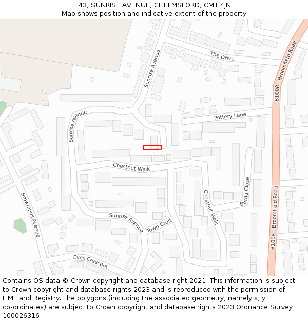 43, SUNRISE AVENUE, CHELMSFORD, CM1 4JN: Location map and indicative extent of plot