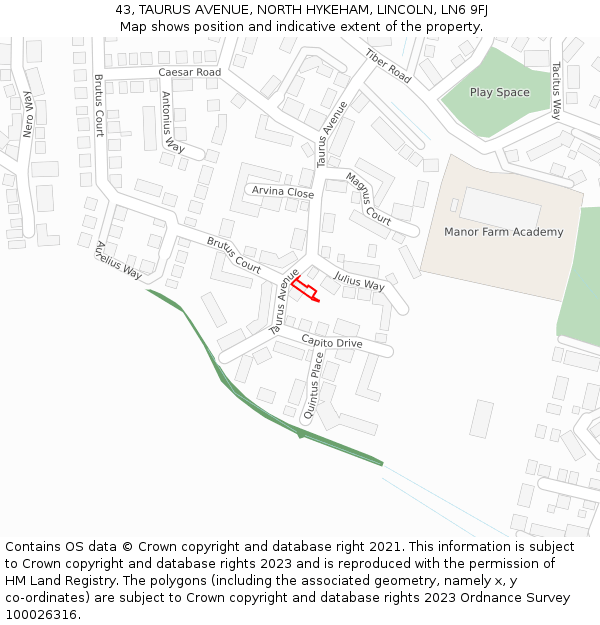 43, TAURUS AVENUE, NORTH HYKEHAM, LINCOLN, LN6 9FJ: Location map and indicative extent of plot