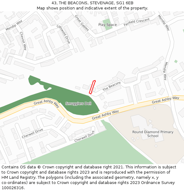 43, THE BEACONS, STEVENAGE, SG1 6EB: Location map and indicative extent of plot