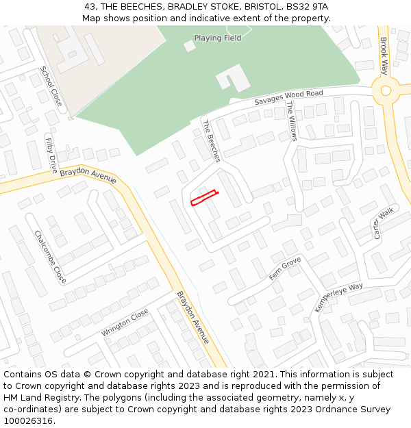 43, THE BEECHES, BRADLEY STOKE, BRISTOL, BS32 9TA: Location map and indicative extent of plot