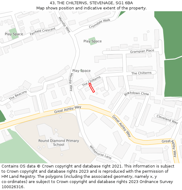 43, THE CHILTERNS, STEVENAGE, SG1 6BA: Location map and indicative extent of plot