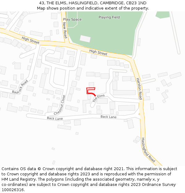 43, THE ELMS, HASLINGFIELD, CAMBRIDGE, CB23 1ND: Location map and indicative extent of plot
