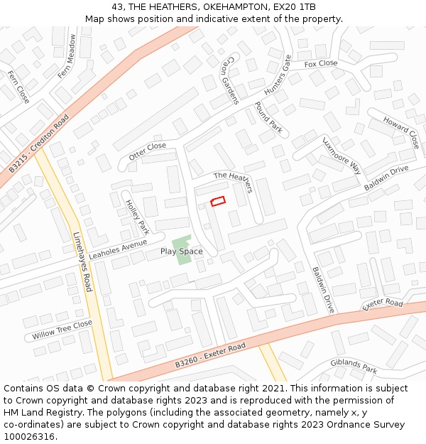 43, THE HEATHERS, OKEHAMPTON, EX20 1TB: Location map and indicative extent of plot