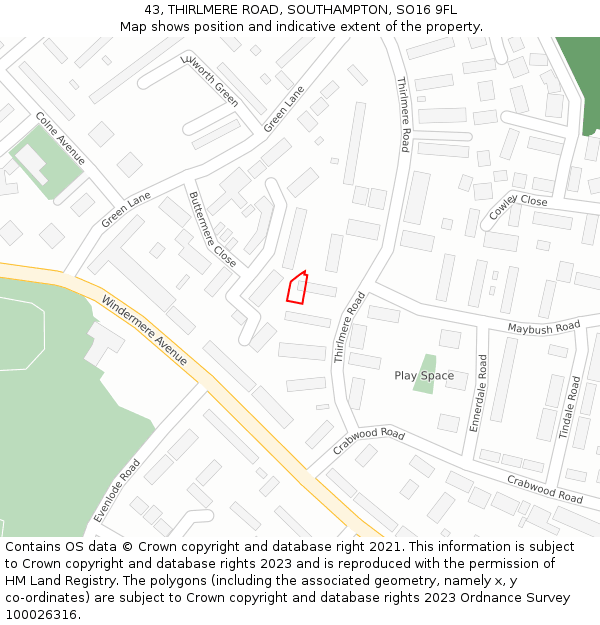 43, THIRLMERE ROAD, SOUTHAMPTON, SO16 9FL: Location map and indicative extent of plot