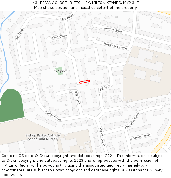 43, TIFFANY CLOSE, BLETCHLEY, MILTON KEYNES, MK2 3LZ: Location map and indicative extent of plot