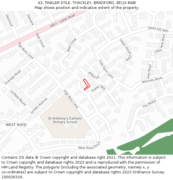 43, TINKLER STILE, THACKLEY, BRADFORD, BD10 8WB: Location map and indicative extent of plot