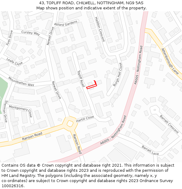 43, TOPLIFF ROAD, CHILWELL, NOTTINGHAM, NG9 5AS: Location map and indicative extent of plot