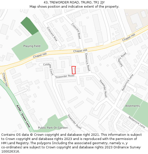 43, TREWORDER ROAD, TRURO, TR1 2JY: Location map and indicative extent of plot