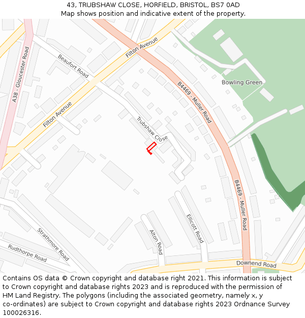 43, TRUBSHAW CLOSE, HORFIELD, BRISTOL, BS7 0AD: Location map and indicative extent of plot