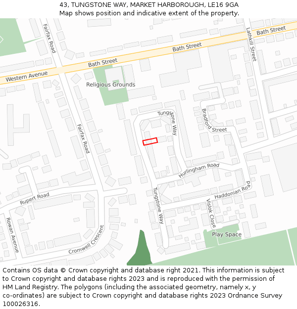 43, TUNGSTONE WAY, MARKET HARBOROUGH, LE16 9GA: Location map and indicative extent of plot