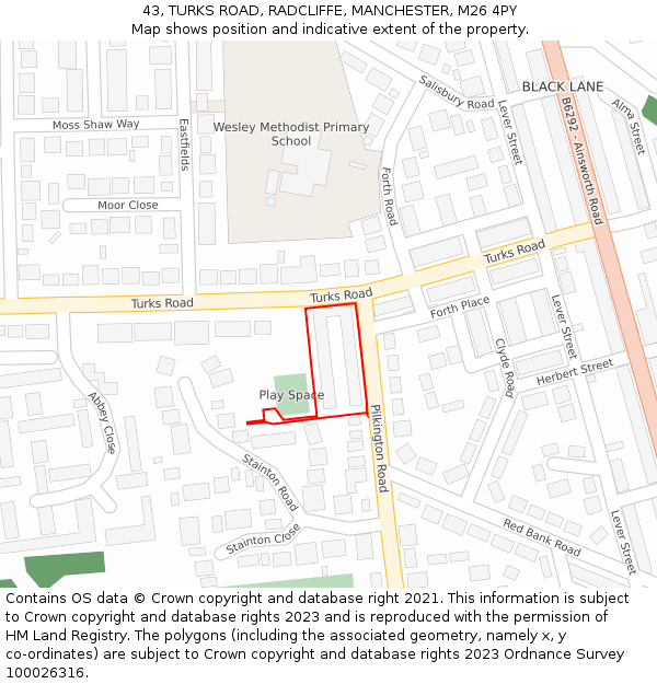 43, TURKS ROAD, RADCLIFFE, MANCHESTER, M26 4PY: Location map and indicative extent of plot